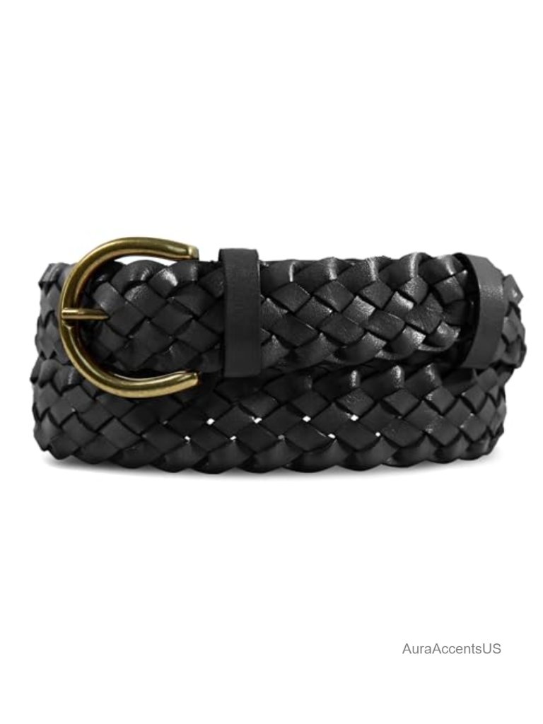 Genuine Leather Braided Belt With Antique Brass Buckle - Women's Fashion